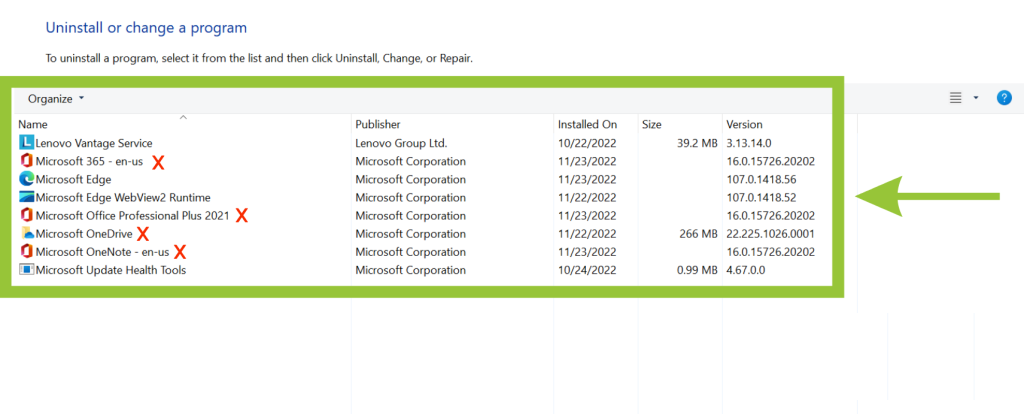Control Panel uninstall programs